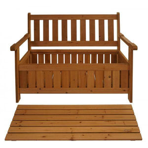 Gartenbank HWC-L68 mit Stauraum, Truhenbank Sitzbank Staufach Aufbewahrung, Outdoor Tanne Holz MVG 114cm, braun