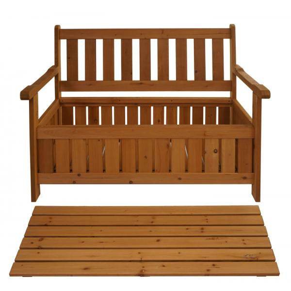 Gartenbank HWC-L68 mit Stauraum, Truhenbank Sitzbank Staufach Aufbewahrung, Outdoor Tanne Holz MVG 114cm, braun