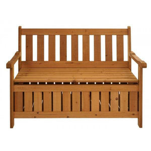 Gartenbank HWC-L68 mit Stauraum, Truhenbank Sitzbank Staufach Aufbewahrung, Outdoor Tanne Holz MVG 114cm, braun