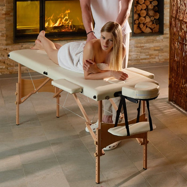 Set lettino da massaggio Freddi a 2 zone con imbottitura da 5 cm, ruote e struttura in legno beige