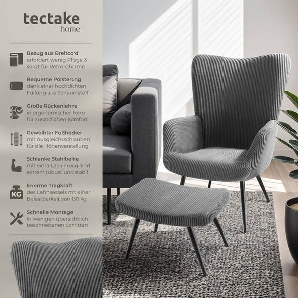 Sessel Hygge gepolstert, ergonomisch, Belastbarkeit 150 kg Breitcord anthrazit/schwarz mit Hocker