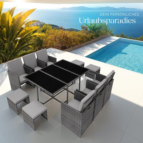 Rattan Sitzgruppe Malaga 6+4+1, hellgrau