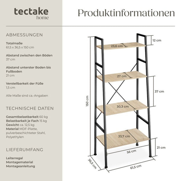 Leiterregal Liverpool 61,5 x 36,5 x 150cm- industrial hellbraun