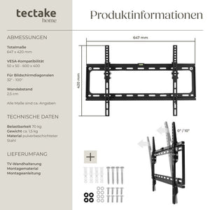 TV Wandhalterung neigbar für 32"" (81cm) - 65"" (165cm), VESA max.: 600x400, bis 70kg