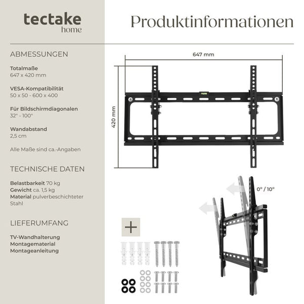 TV Wandhalterung neigbar für 32"" (81cm) - 65"" (165cm), VESA max.: 600x400, bis 70kg
