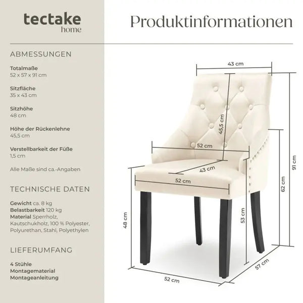 Esszimmerstuhl Everdeen Samtoptik gesteppt creme/schwarz 4er Set