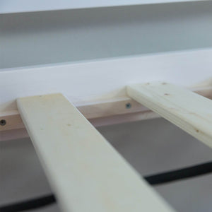 Hochbett mit Lattenrost 90x200 Kinderbett Tunnel Vorhang blau Kiefer Weiss