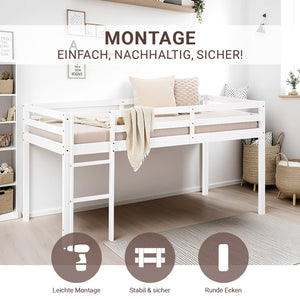 Hochbett Spielbett Kinderbett Leiter Kiefer weiss 90x200 massiv Jugendbett