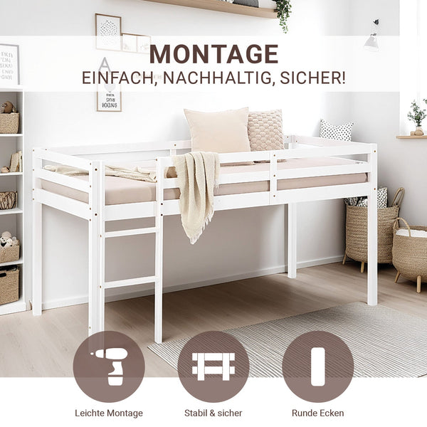 Hochbett Spielbett Kinderbett Leiter Kiefer weiss 90x200 massiv Jugendbett