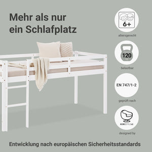 Hochbett Spielbett Kinderbett Leiter Kiefer weiss 90x200 massiv Jugendbett