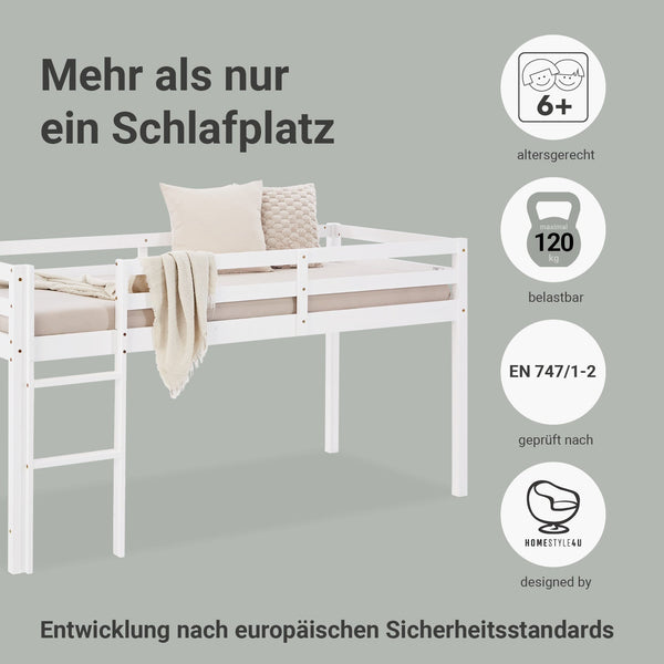 Hochbett Spielbett Kinderbett Leiter Kiefer weiss 90x200 massiv Jugendbett