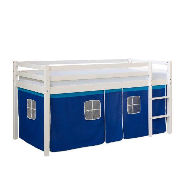 Hochbett Spielbett Kinderbett Leiter Kiefer Vorhang blau 90x200 Jugendbett