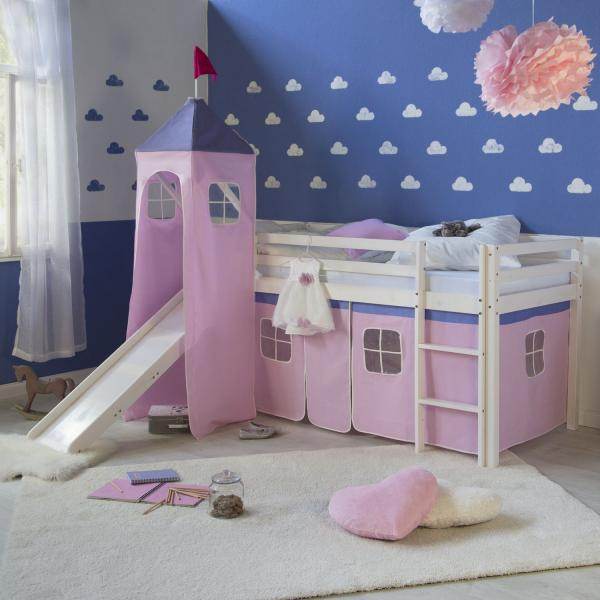 Hochbett Spielbett Kinderbett Rutsche Turm Vorhang pink 90x200 Jugendbett