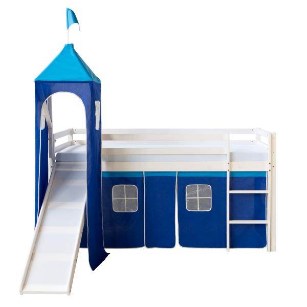 Hochbett Spielbett Kinderbett Rutsche Turm Vorhang blau 90x200 Jugendbett