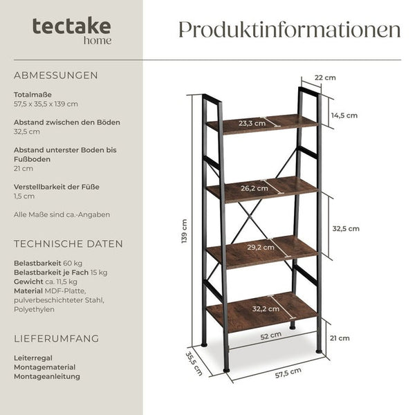 Leiterregal Newcastle 57,5 x 35,5 x 139cm - industrial dunkelbraun