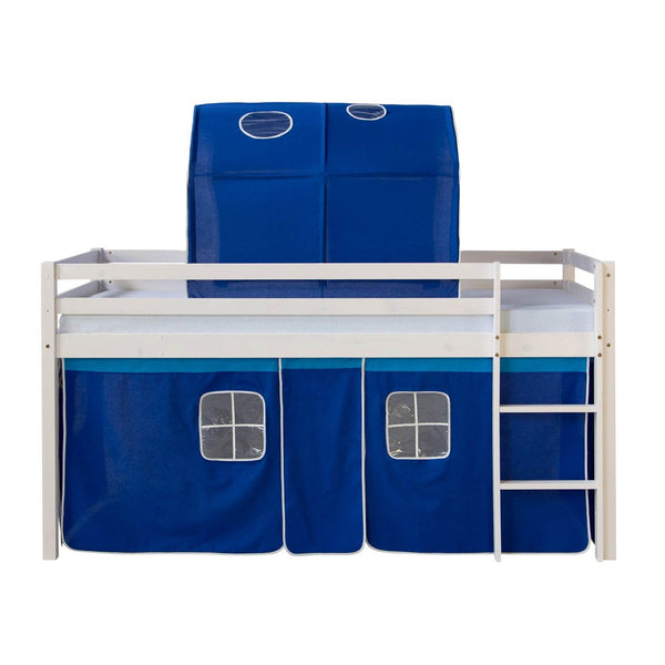 Hochbett mit Lattenrost 90x200 Kinderbett Tunnel Vorhang blau Kiefer Weiss