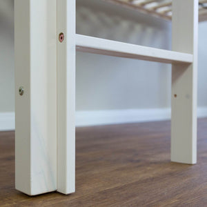 Hochbett mit Lattenrost 90x200 Kinderbett Tunnel Vorhang blau Kiefer Weiss