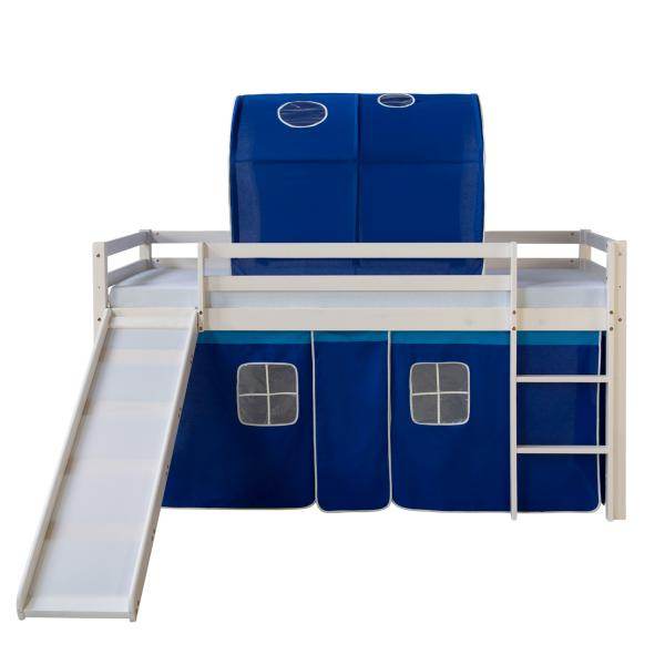 Hochbett Spielbett Kinderbett Rutsche Vorhang blau 90x200 Jugendbett Kiefer