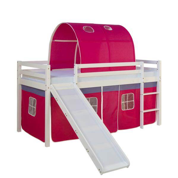 Hochbett Spielbett Kinderbett Rutsche Vorhang rot 90x200 Jugendbett Kiefer