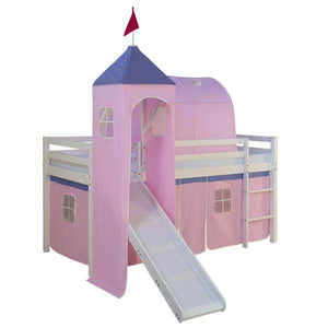 Weisses Kinder Hochbett mit Rutsche, Leiter, Stoffvorhang, Turm & Tunnel rosa, 90 x 200 cm
