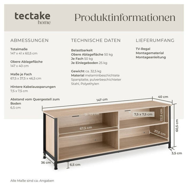 Sideboard Navan 147x41x60,5cm Industrial Holz hell, Eiche Sonoma