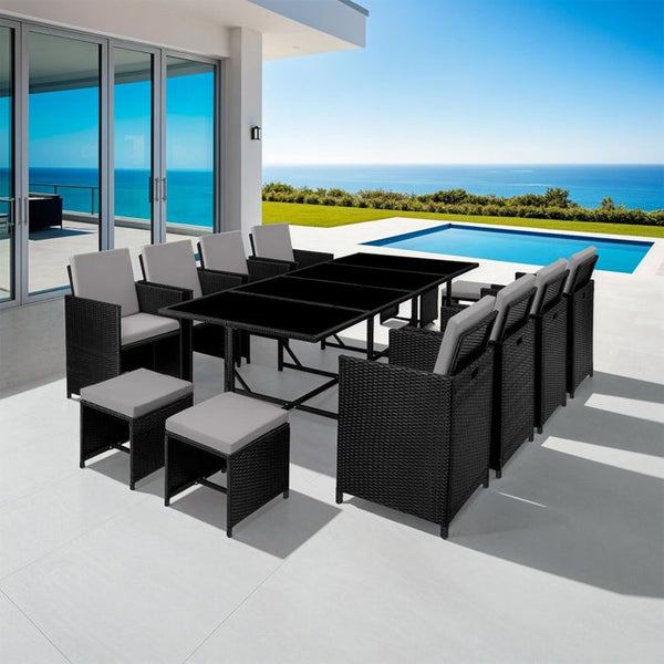 Rattan Sitzgruppe Palma 8+4+1 mit Schutzhülle schwarz/grau