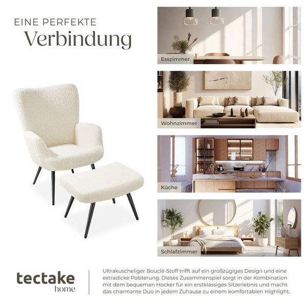 Sessel Hygge gepolstert, ergonomisch, Belastbarkeit 150 kg Bouclé creme/schwarz mit Hocker