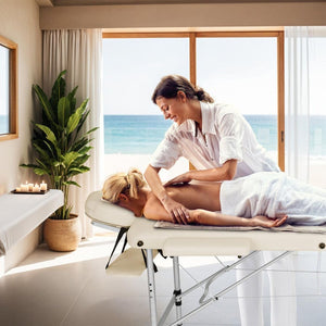 3 Zonen Massageliege mit 5cm Polsterung und Aluminiumgestell beige
