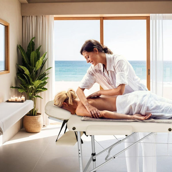 3 Zonen Massageliege mit 5cm Polsterung und Aluminiumgestell beige