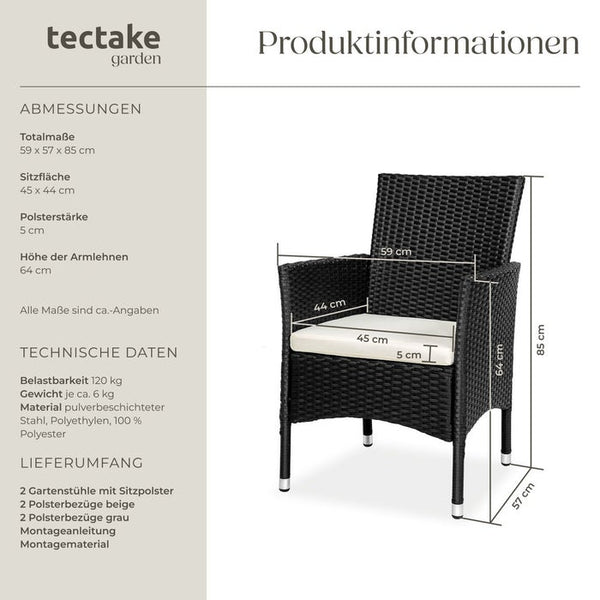 2er Set Rattanstuhl Nantes schwarz/beige