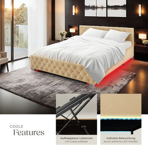 Polsterbett mit LED-Leisten & Stauraum beige 180 x 200 cm