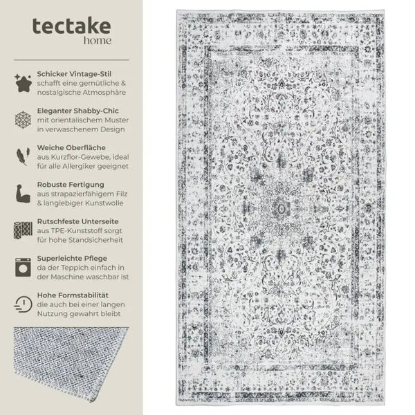 Vintage Teppich Aliya Kurzflor waschbar grau 80 x 150 cm
