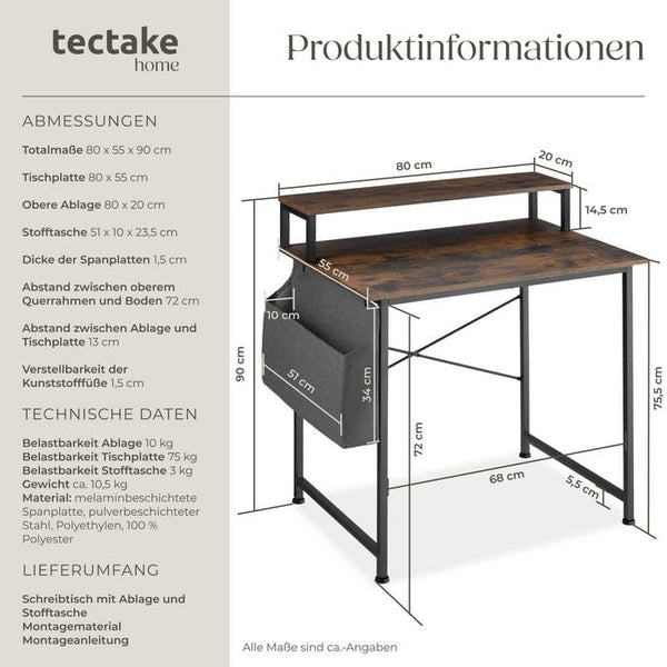 Schreibtisch Everett Industrial Holz dunkel, rustikal 80 cm