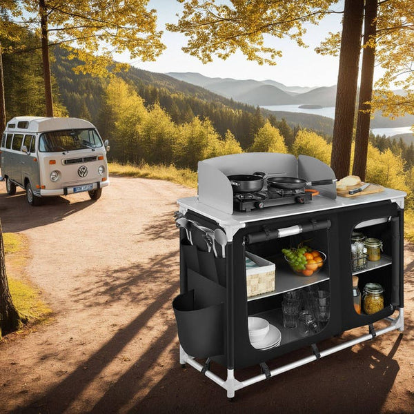Luxury camping kitchen with 4 compartments, black