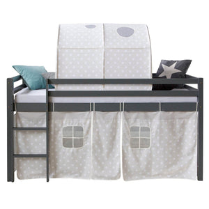 Hochbett mit Lattenrost 90x200 cm Grau Kinderbett Tunnel Vorhang Sterne Holz Kiefer