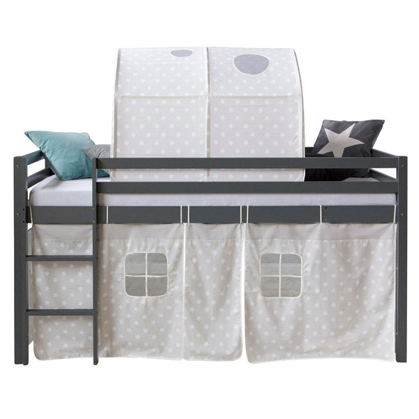 Hochbett mit Lattenrost 90x200 cm Grau Kinderbett Tunnel Vorhang Sterne Holz Kiefer