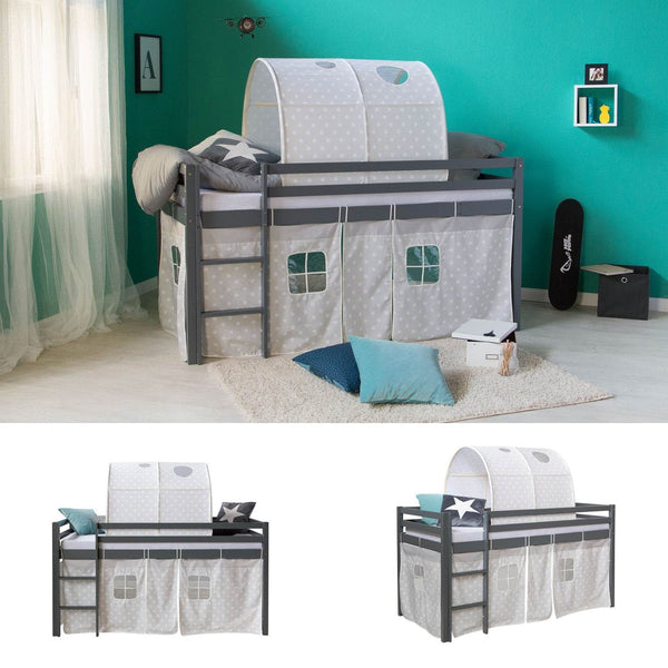 Hochbett Spielbett Kinderbett Kiefer Leiter Vorhang grau 90x200 Tunnel