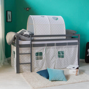 Hochbett mit Lattenrost 90x200 cm Grau Kinderbett Tunnel Vorhang Sterne Holz Kiefer