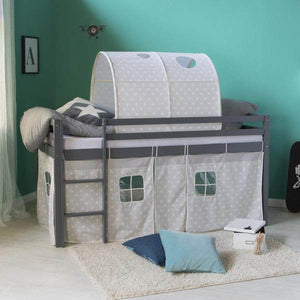 Hochbett Spielbett Kinderbett Kiefer Leiter Vorhang grau 90x200 Tunnel