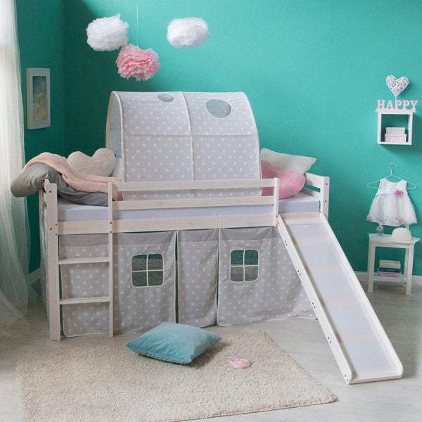 Hochbett mit Lattenrost 90x200 Rutsche Stockbett Weiss Kinderbett grau