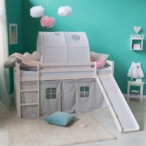 Hochbett Kinder 90x200 cm Weiss mit Vorhang Sterne | Tunnel | Rutsche | ohne Lattenrost