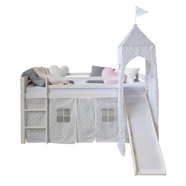 Hochbett Spielbett Kinderbett Rutsche Turm Vorhang grau Stern 90x200 Jugendbett