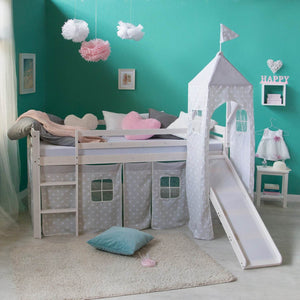Hochbett mit Lattenrost 90x200 Turm Rutsche Stockbett Kinderbett Holz Vorhang grau
