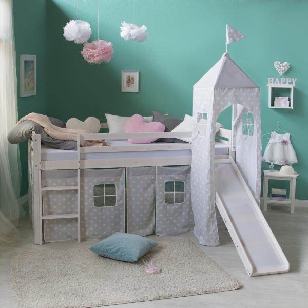 Hochbett Spielbett Kinderbett Rutsche Turm Vorhang grau Stern 90x200 Jugendbett