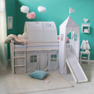 Hochbett Kinder 90x200 cm Weiss mit Vorhang Sterne | Tunnel | Turm | Rutsche | ohne Lattenrost