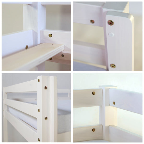 Hochbett Kinder 90x200 cm Weiss mit Vorhang Sterne | Tunnel | Turm | Rutsche | ohne Lattenrost