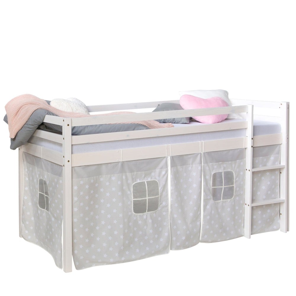 Hochbett Kinder 90x200 cm Weiss mit Vorhang Sterne | ohne Lattenrost
