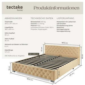 Polsterbett mit LED-Leisten & Stauraum beige 180 x 200 cm