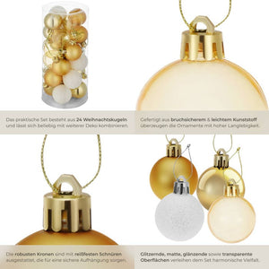 24er Set Weihnachtskugeln weiss/gold