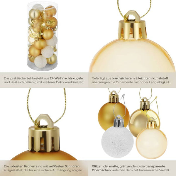 24er Set Weihnachtskugeln weiss/gold